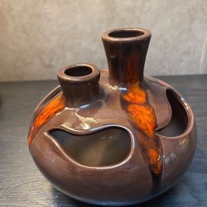 Vintage Ceramic Candleholder, Incense Holder, Vase MCM Mod Orange & Brown Lava